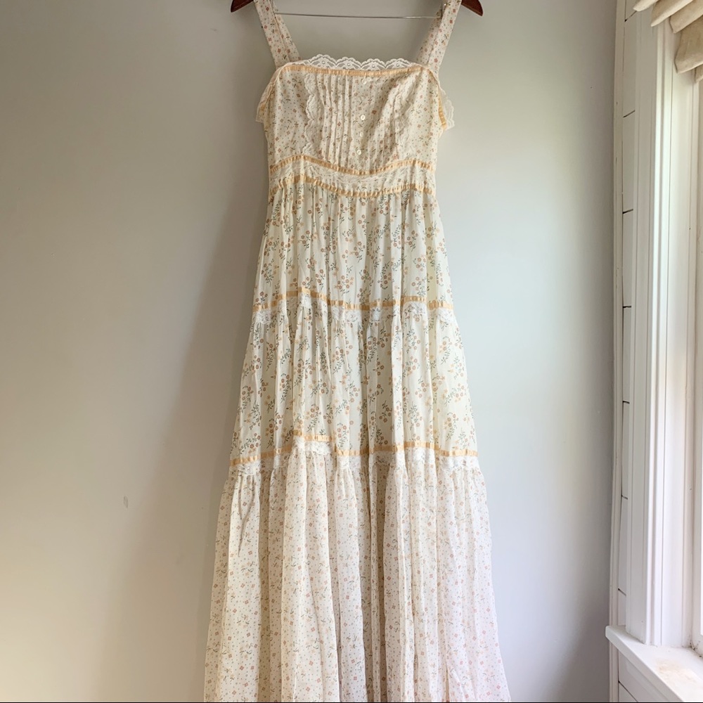 Vintage 1970s Gunne Sax Floral Print Corset Bodice Cottagecore Maxi Dress XS/S - Picture 14 of 14